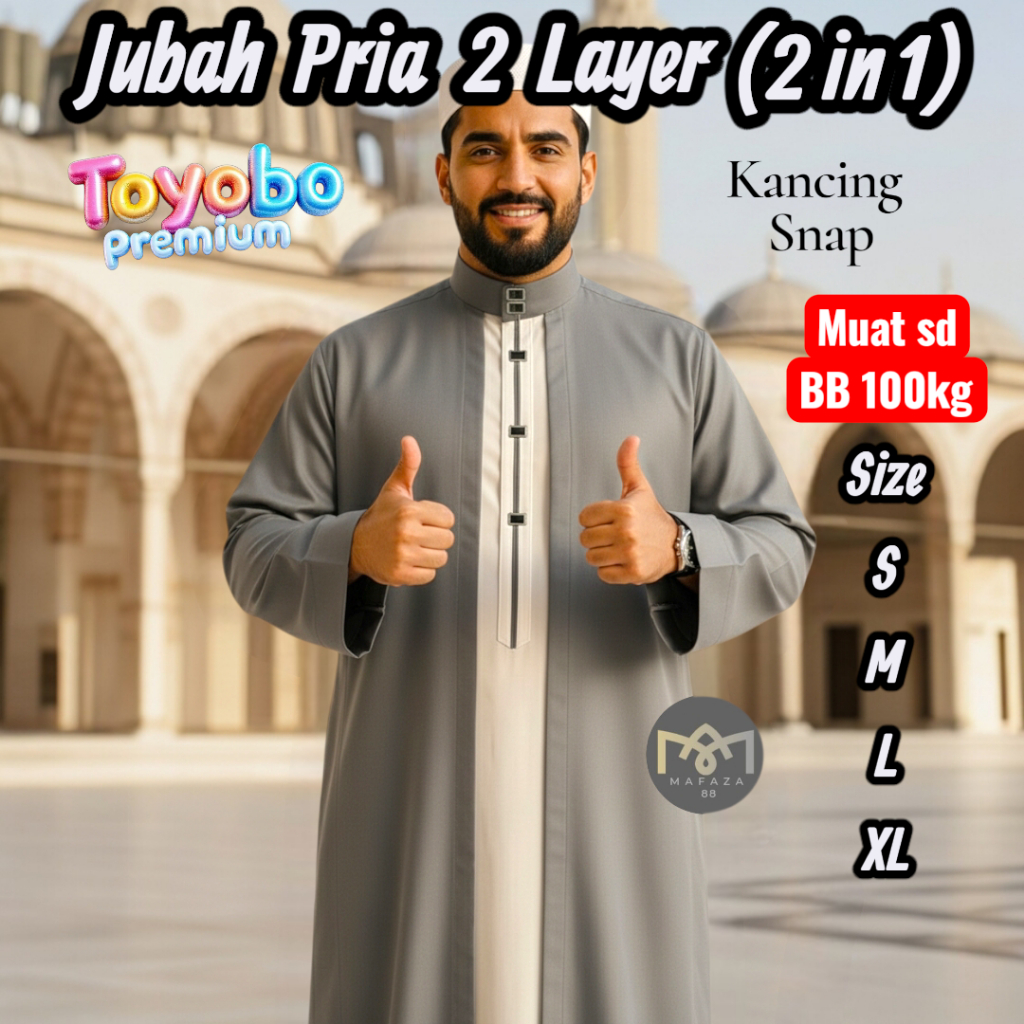 Jubah Gamis Pria Dewasa 2 Layer 2 in 1 TOYOBO PREMIUM ADEM Kancing Snap Impot Model Motif Haromain L