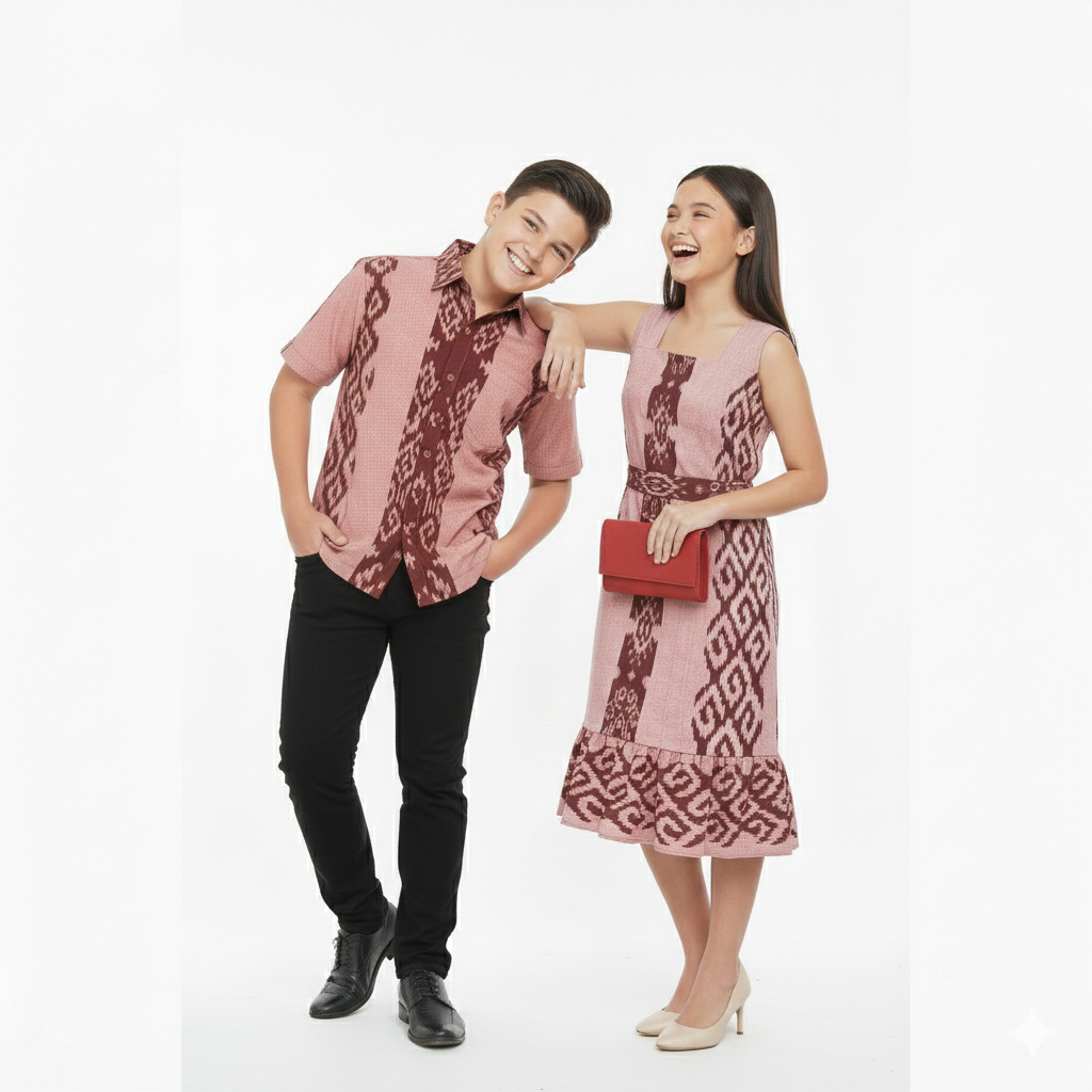 SET COUPLE ANAK TENUN PRIA WANITA BAJU PASANGAN KEMEJA ANAK BATIK LENGAN PENDEK & DRESS ANAKTENUN MO