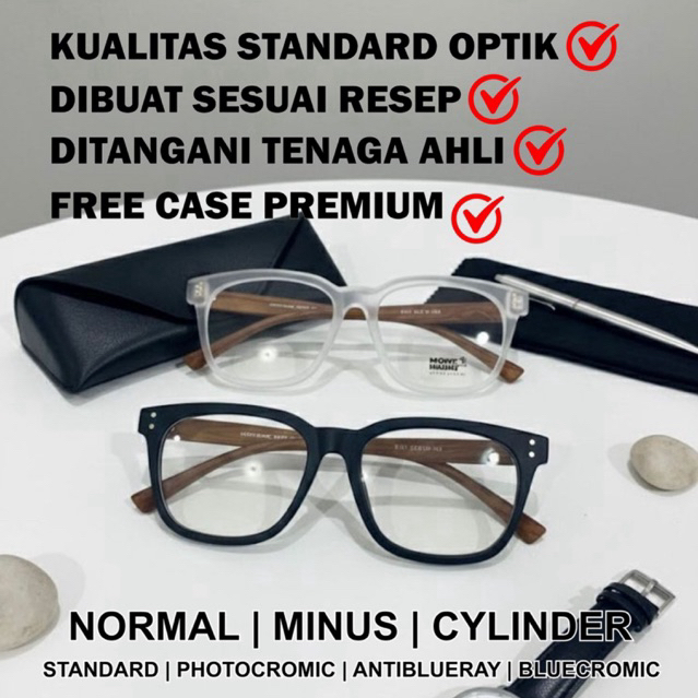 Kacamata Kotak Batang Kayu Unisex | Bisa Normal/Minus/Cylinder | Tersedia Lensa Photocromic/AntiBlue