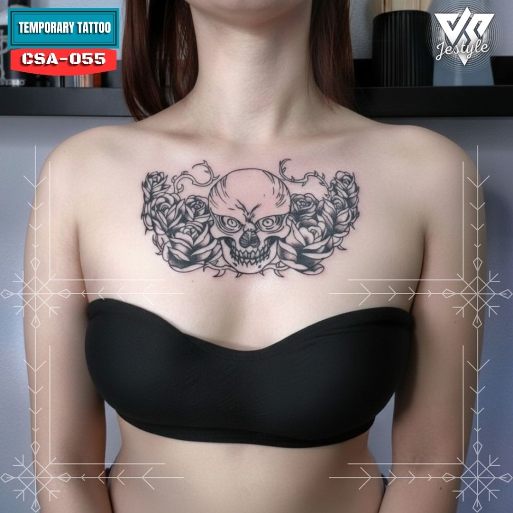 [CSA][HB-055] Tato Temporer Tato Sementara Dada Punggung pria dan wanita Tengkorak bunga