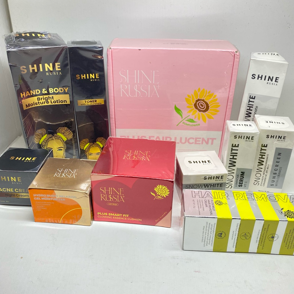 SHINE RUSIA (Lengkap) Cushion / Toner / Serum / Sunscreen / Moisturizer / Acne Cream Skincare Shine 