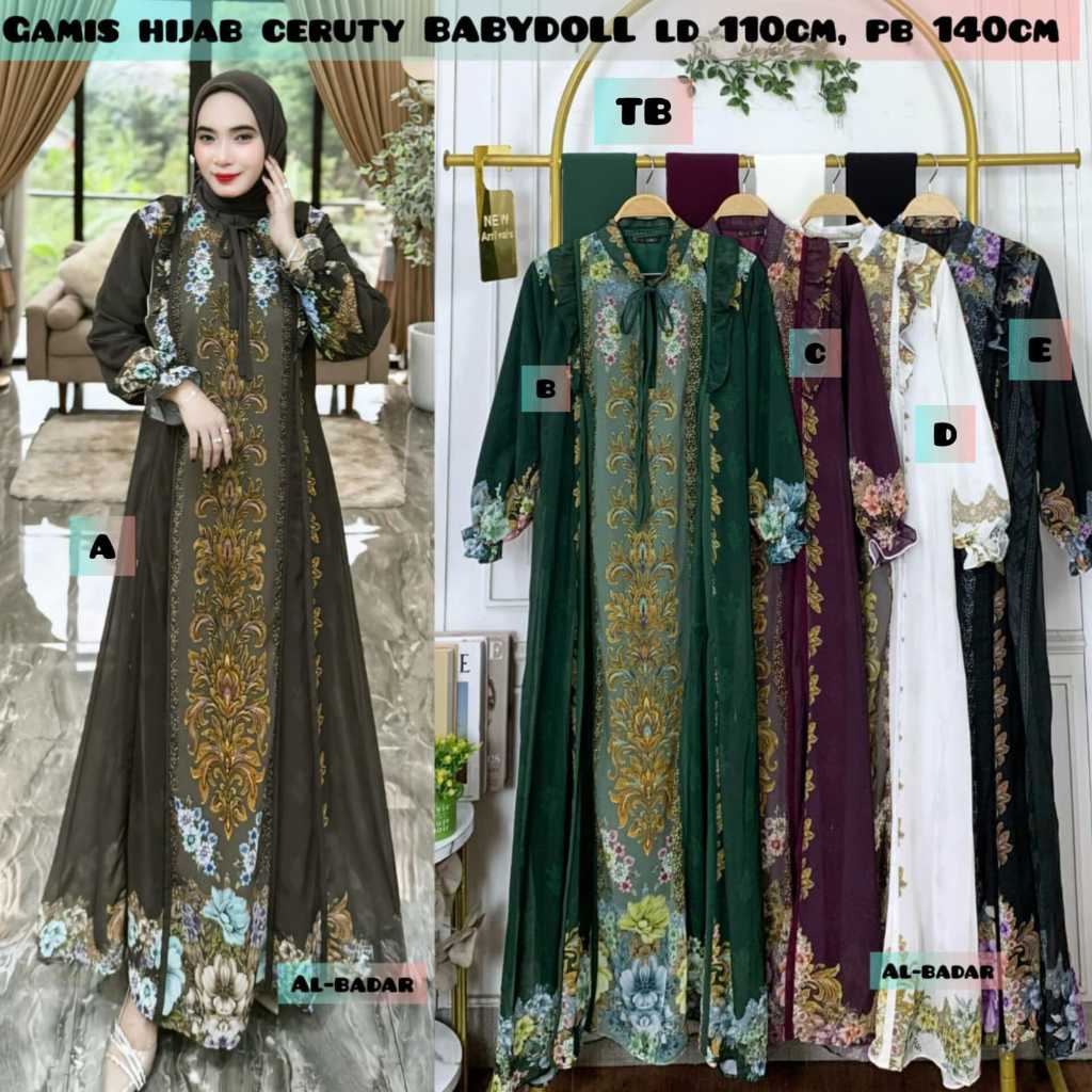 GAMIS CERUTY KOMBINASI BUNGA ETNIK  TERBARU FREE HIJAB/GAMIS SET HIJAB KERAH TERBARU/GAMIS CERUTY BA