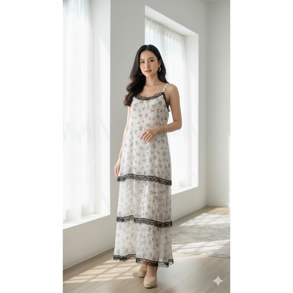 Cupcake Dress w Black Lace Hem |Dress Pesta Wanita Korea Elegan Panjang Floral - 3 layer