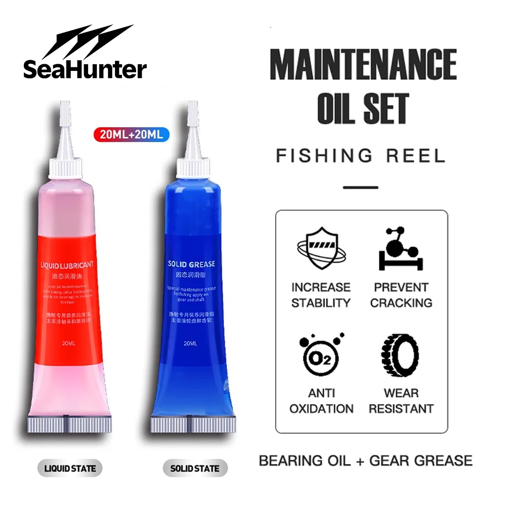 SeaHunter Maintenance Reel Oil Set 20ml Oil + 20ml Grease, Bearing Oil+Gear Grease, reel lube peluma