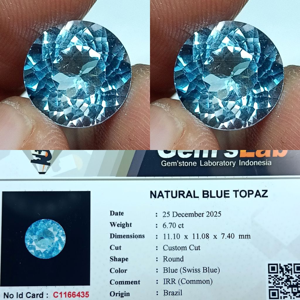 NATURAL BLUE TOPAZ SWISS CUTTING CUSTOM ROUND BRAZIL MEMO GLI LAB ID