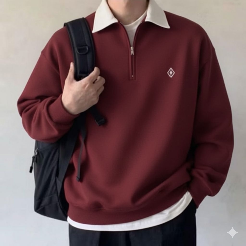 Sweater Half Zip Rugby Kerah Putih Terbaru - Sweater