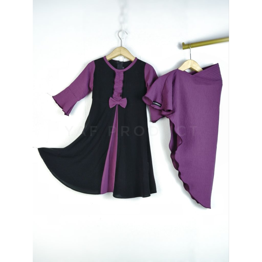 YASMIN Set Gamis Anak Jilbab Pet Tegak by YAF PRODUCT | Jetblack Kombinasi Crinkle