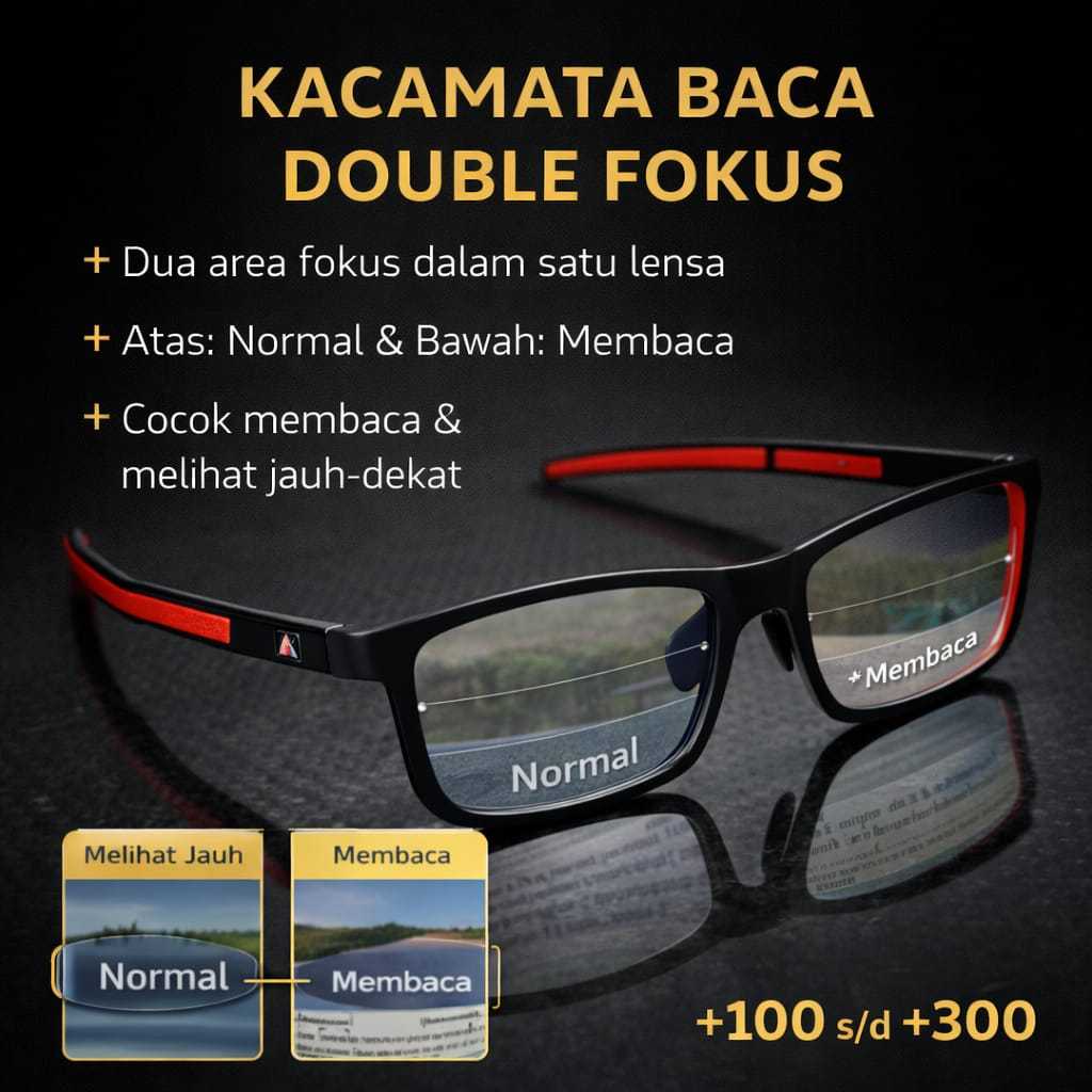 Kacamata Baca Double Fokus Bifokal Photochromic Pria Wanita Frame Sporty Kotak Kecil Kaca Mata Plus