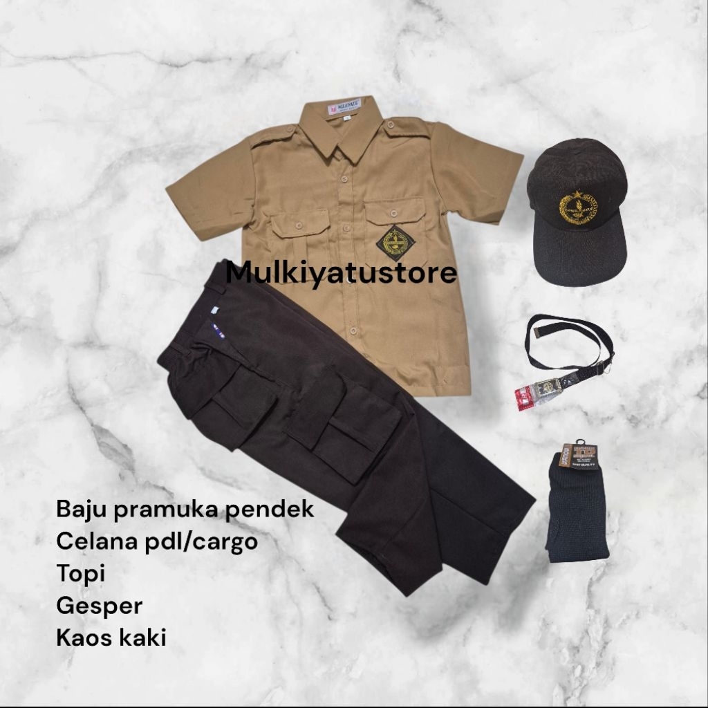 SERAGAM SD SET LENGKAP BAJU PRAMUKA LAKI PENDEK CELANA PDL/KARGO TOPI, GESPER, DAN KAOS KAKI