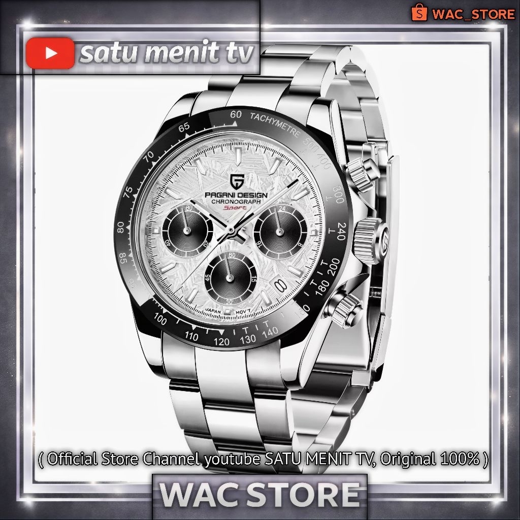 NEW PAGANI DESIGN DAYTONA SILVER METEORITE TEKSTUR QUARTZ STEEL SOLID 316 L CERAMIC BEZEL SAFIR GLAS