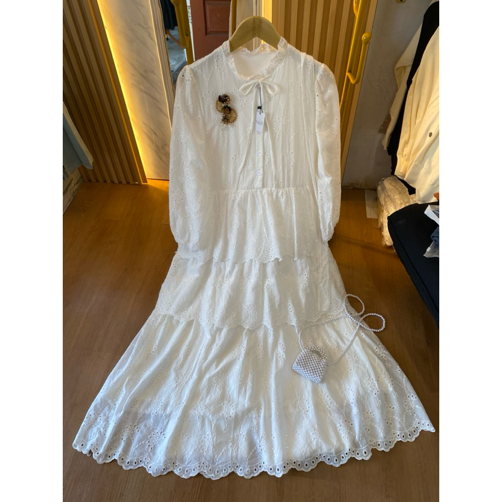 Dress Raya Katbol wanita/ Gamis Putih Rampel Susun 3 Tingkat/Gamis Raya Terbaru/Outfit Pantai