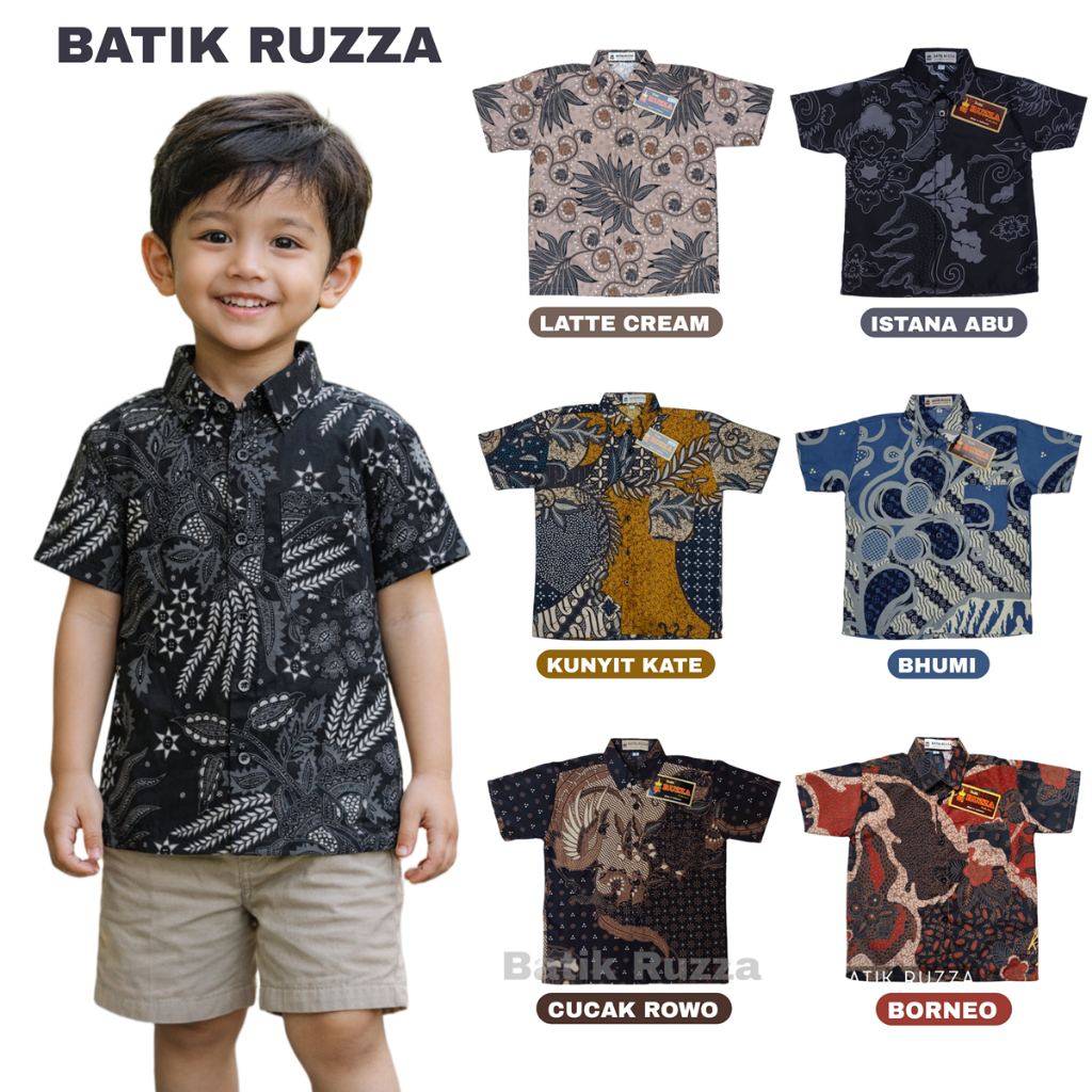 RUZZA Kemeja Batik Anak Laki Ukuran 2-15 Tahun Motif Baron Latte Abu Marun Ungu