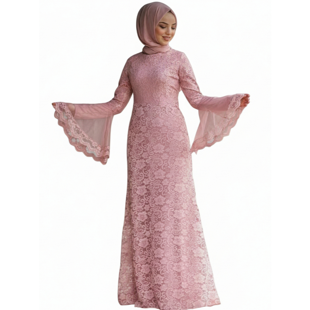 Gamis brokat lengan lonceng  Baju pesta muslimah warna maroon  Gamis wisuda brokat cantik  Fashion m