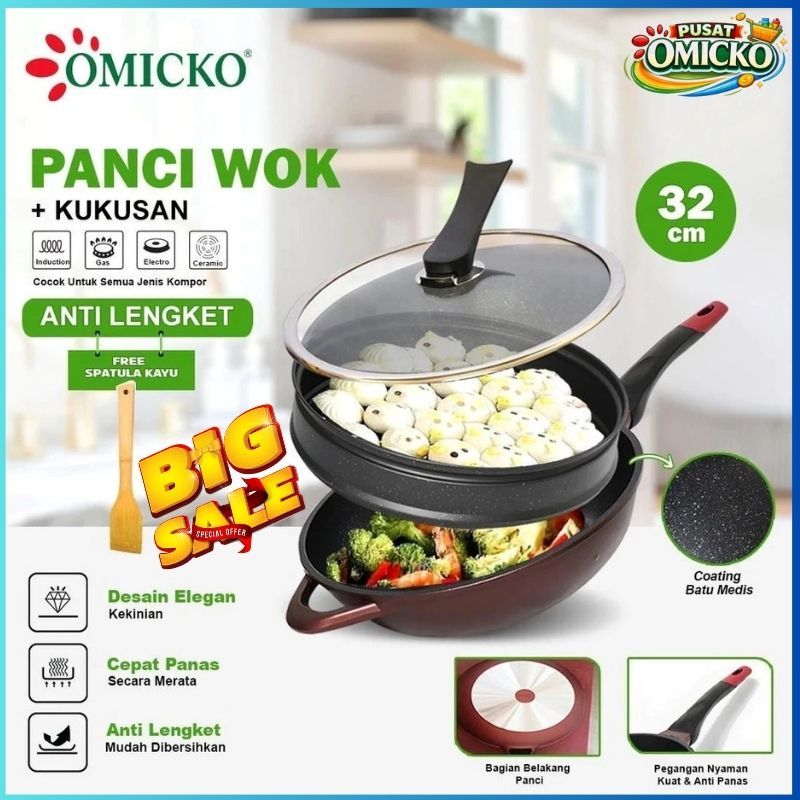 Wajan Wok Omicko 32cm – Panci Serbaguna Anti Lengket + Tutup Kaca & Kukusan