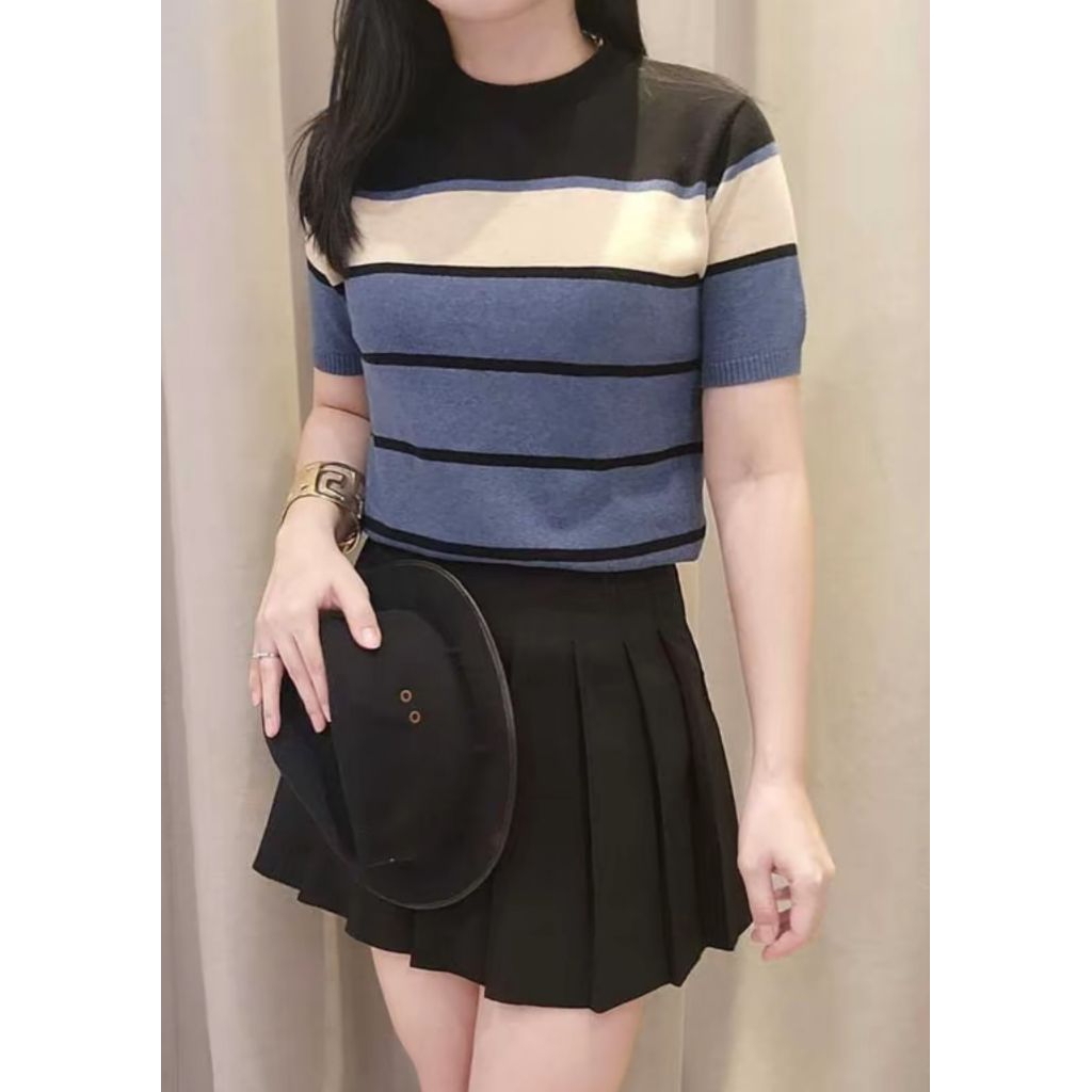 Atasan baju rajut wanita / Baju rajut wanita salur korean styile/ Baju rajut wanita tangan pendek