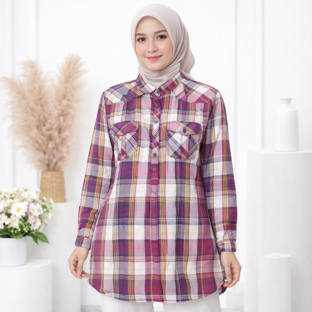 Obral Tunik JSA Motif Kotak Wanita Lengan Panjang