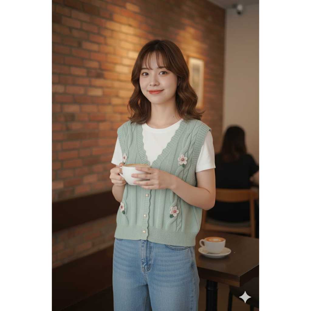 Vest Wanita V Neck Tanpa Lengan  YZ 2313# Rajut Outer Aksen Bunga Daisy Full Kancing Depan Mix Kemej