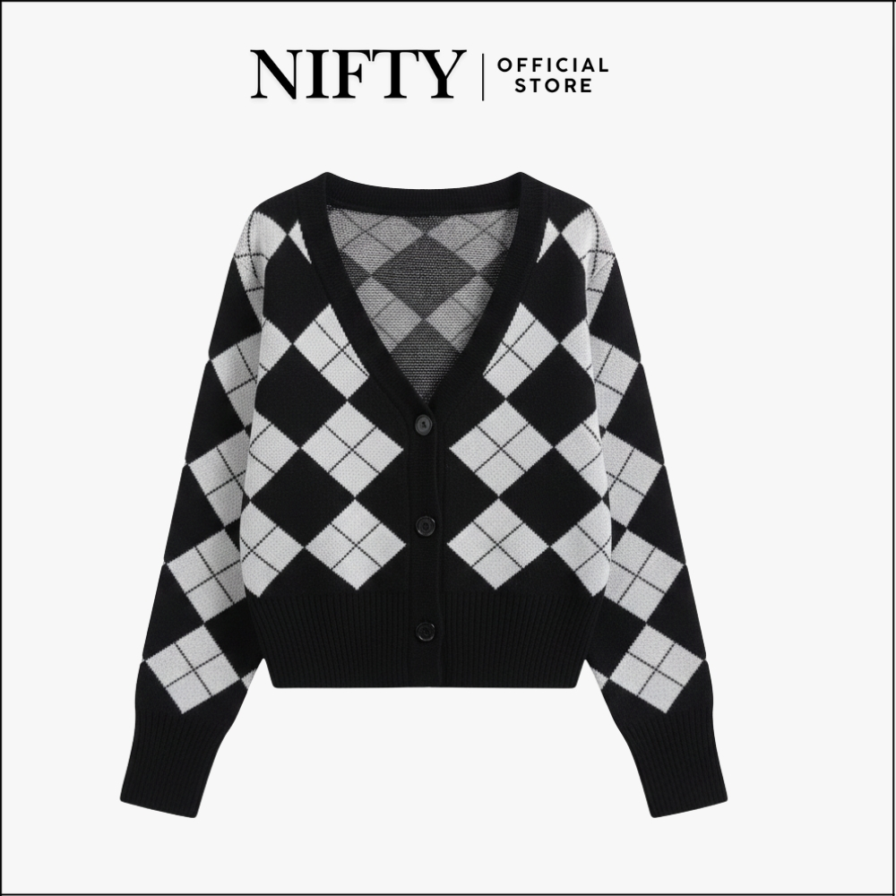 NIFTY.CO Kardigan Tebal Lengan Panjang Wanita Vintage Cardigan Outer Motif Kotak Kancing