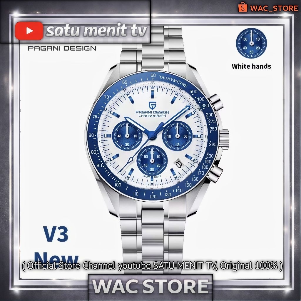 NEW PAGANI DESIGN SPEEDMASTER MECAQUARTZ SEIKO VK63 SAFIR DOME + AR COATING SOLID STEEL 316 L WR 100