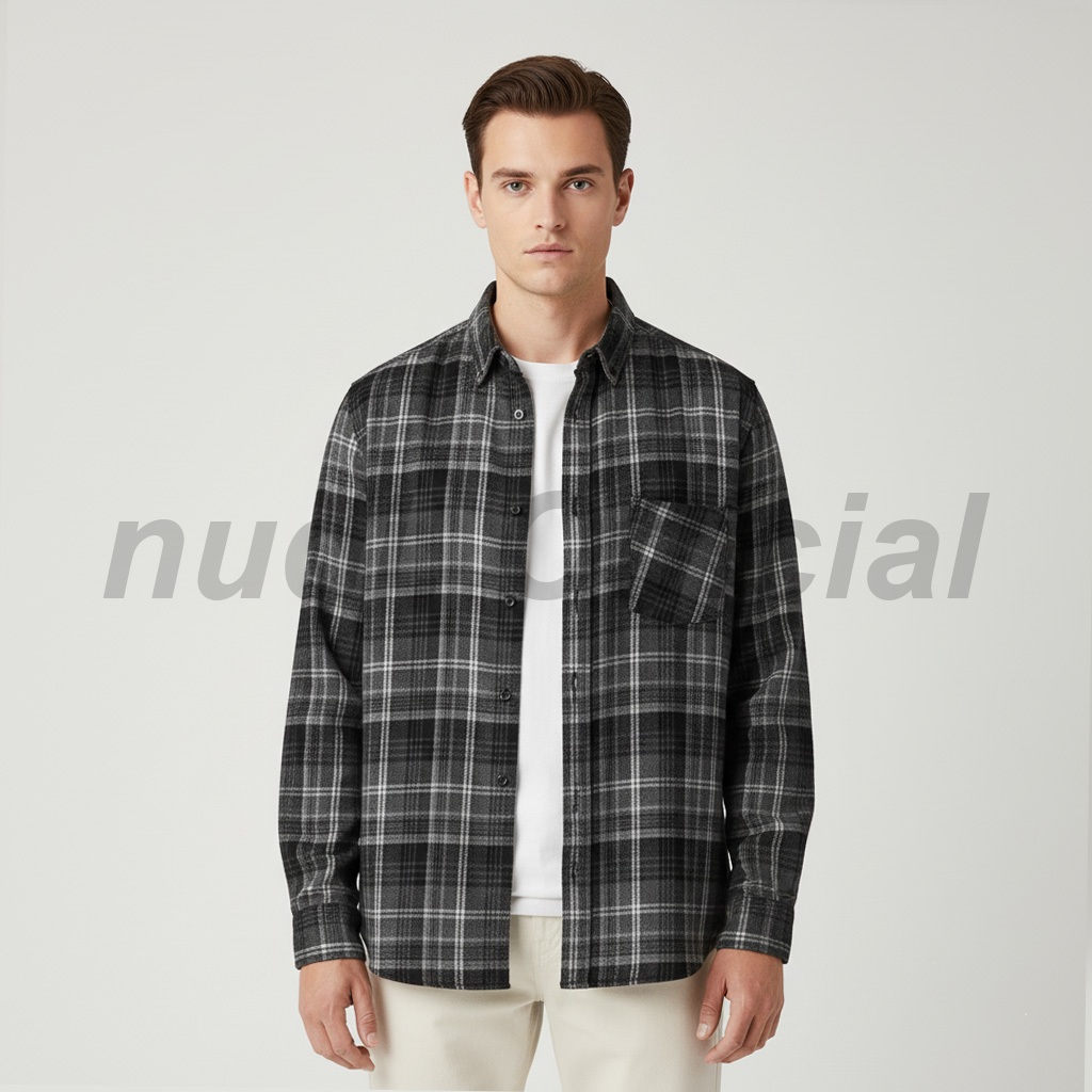 Nudi - Kemeja Flanel Pria Lengan Panjang Warna Merah Putih Motif Garis Kotak Gradasi Venterano Premi