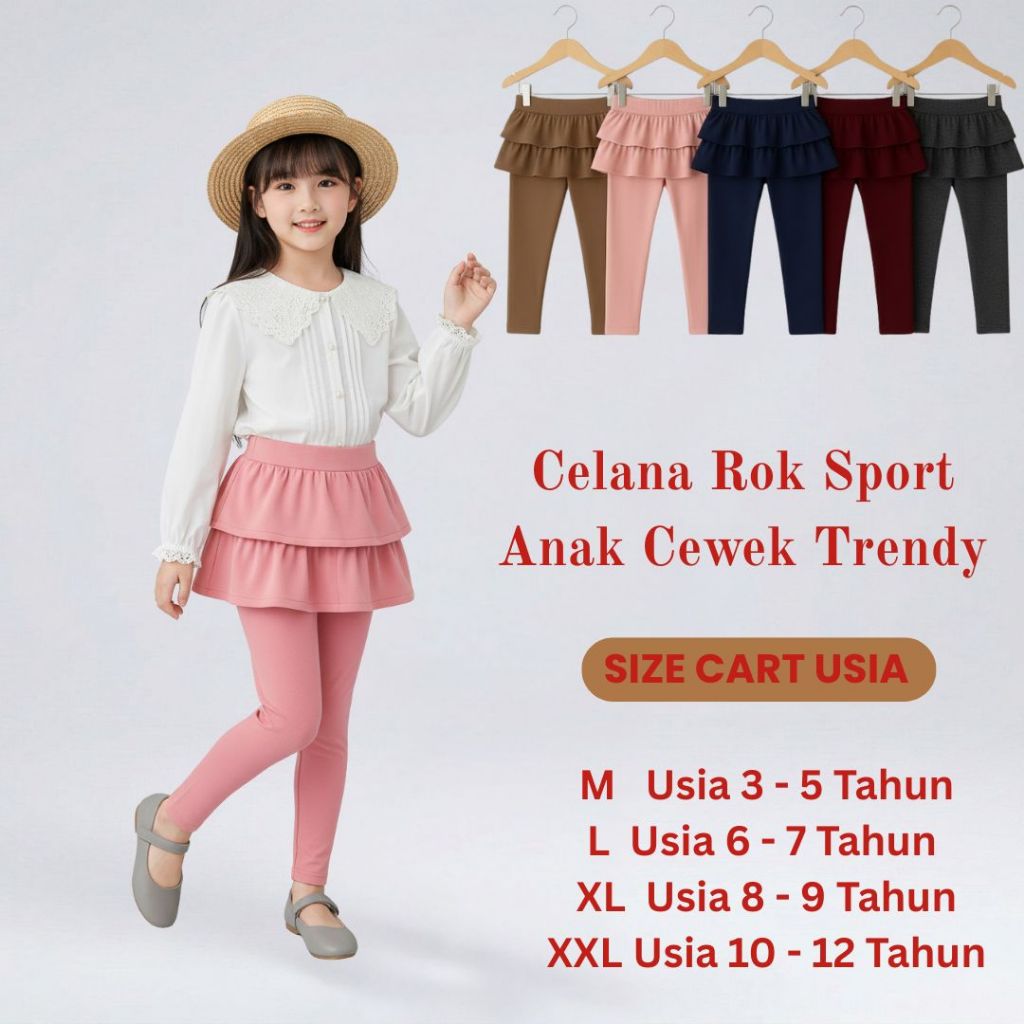 Legging Rok Anak Perempuan – Celana Rok Tumpuk Olahraga Nyaman– Celana Rok Sport Anak Cewek Trendy