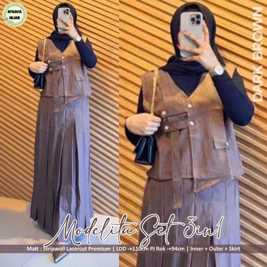 Sm Modelita set 3in1 l atasan baju rompi vest rok panjang setelan wanita