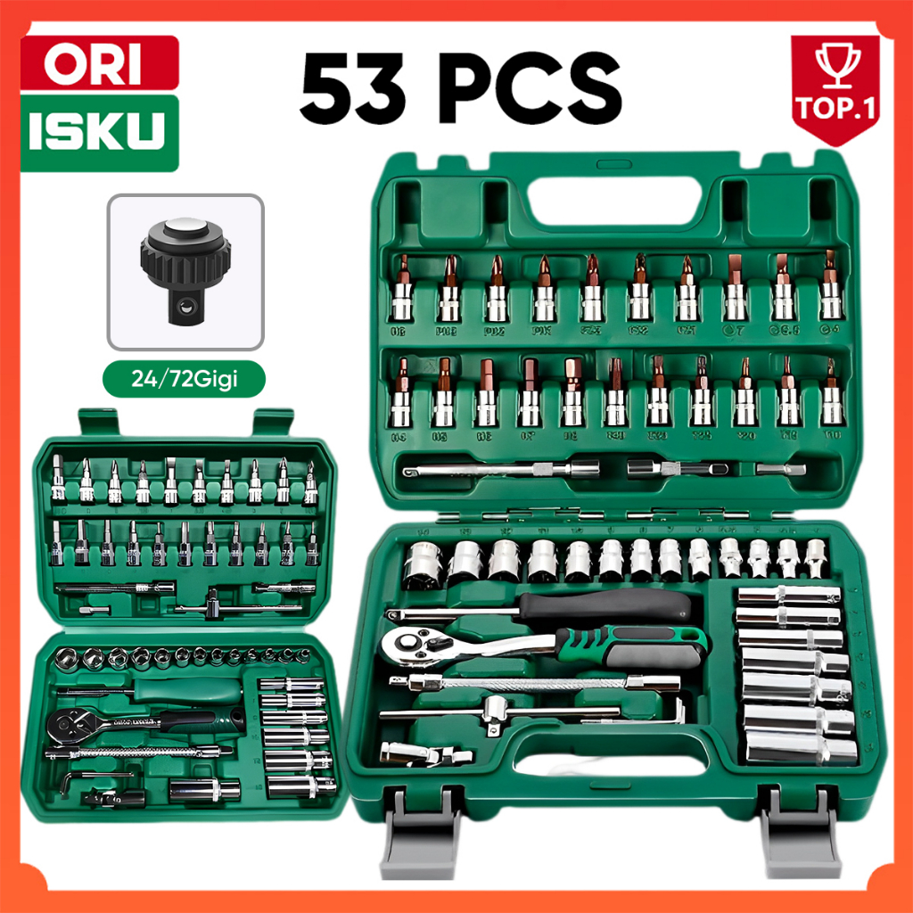 ISKU Kunci Sok Set 53 Pcs 1/4 Inch Tool Kit Lengkap Kunci Shock Box Socket Wrench Ratchet 72 Gigi Ma