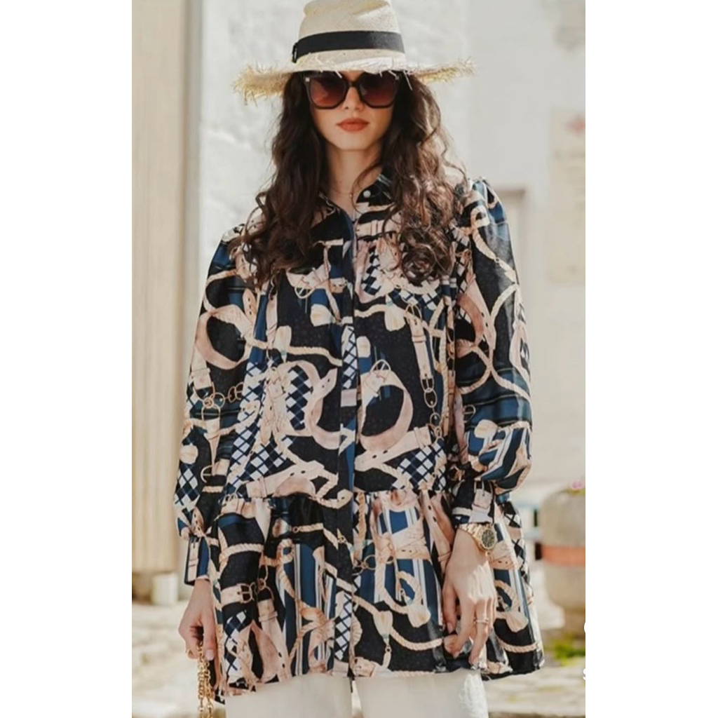 BJ x dsaks Chain La Bella Satin Shirt With Gathers BLACK uk M