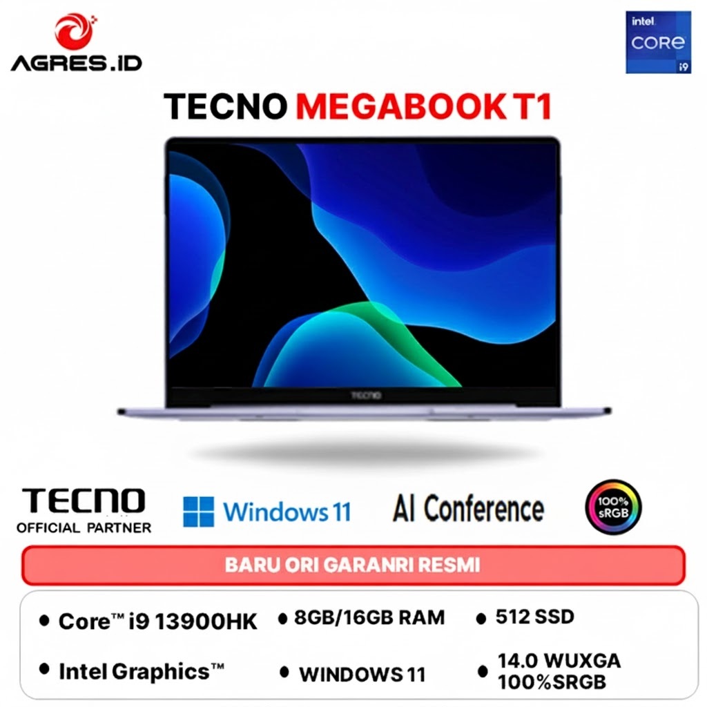 TECNO MEGABOOK T1 14 I9 13900HK 16GB 512GB W11+OFFICE 14.0WUXGA 100SRGB 75WH 2Y SILVER