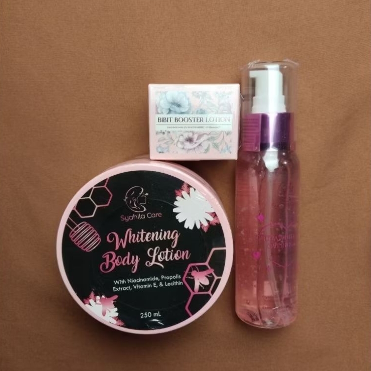paket malam (whitening body lotion syahila care + bibit boster lotion syahila care + glutawhitening 