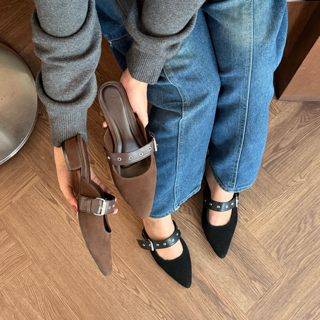 Yara Footwear - Birdie Mules Heels Sandal Wanita Sabuk Buludru Suede