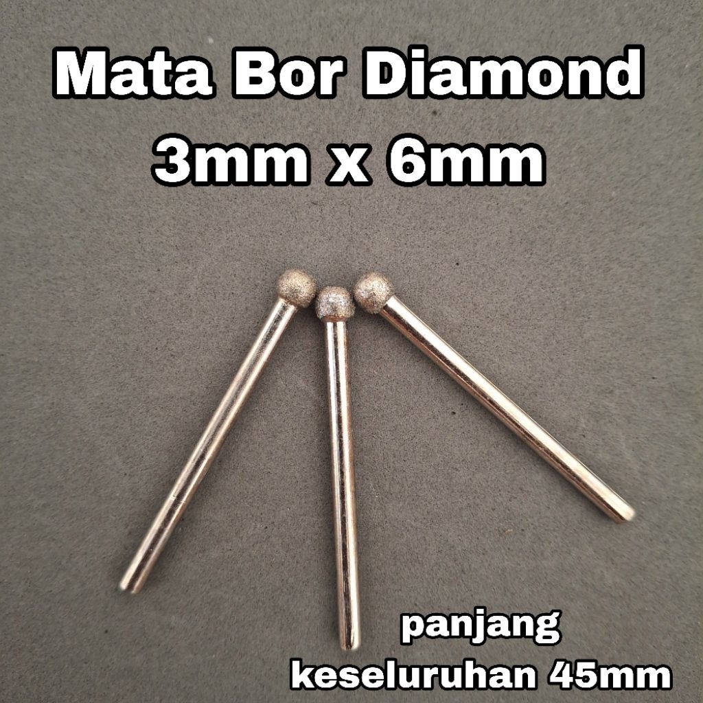 3biji Mata Tuner Diamond Bulat 6mm Gagang 3mm Mata Bor Ukir Kaca Keramik DII