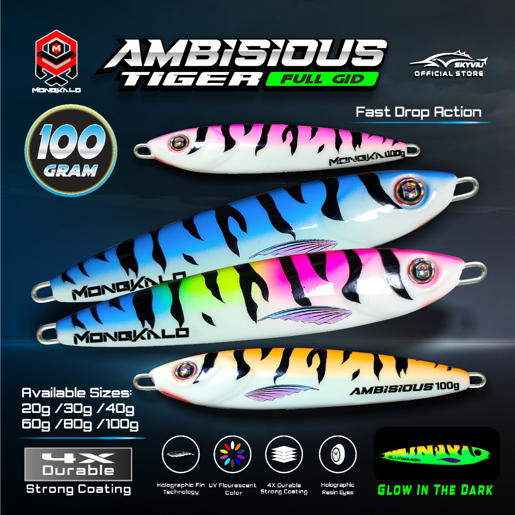 Umpan Metal Jig 100 Gram MONGKALO AMBISIOUS TIGER Full GID Fospor Metaljig 100gram 100g Umpan Jiggin
