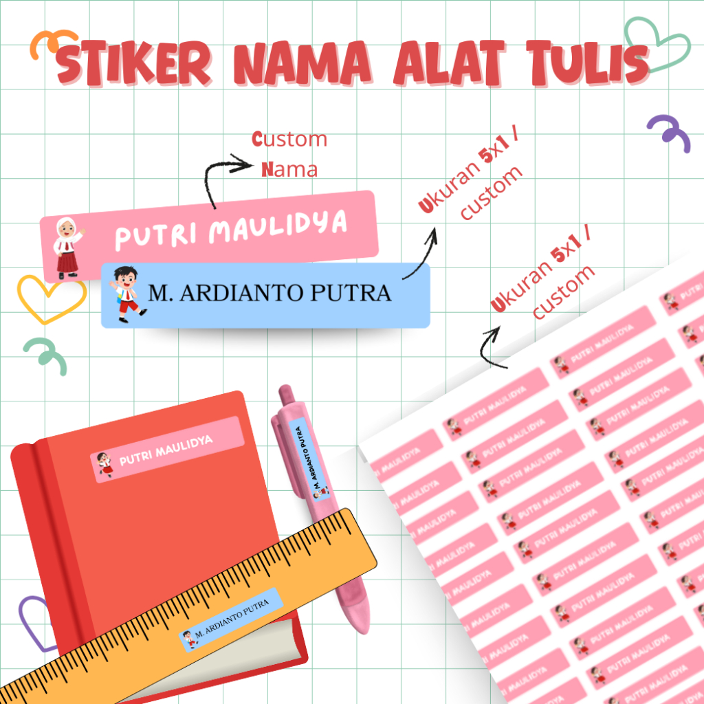 Stiker Label Nama Alat Tulis Custom Nama | Label Nama Alat Tulis & Perlengkapan | 44 pcs