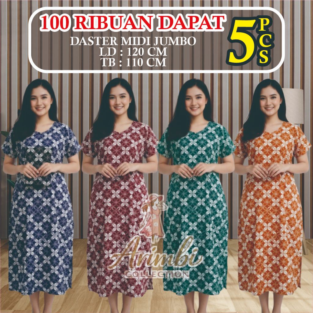 Daster 100 Dapat 5 pcs LD 120cm Daster Midi Jumbo Paket Hemat 100 Dapat 5pcs Daster Standar Lengan P