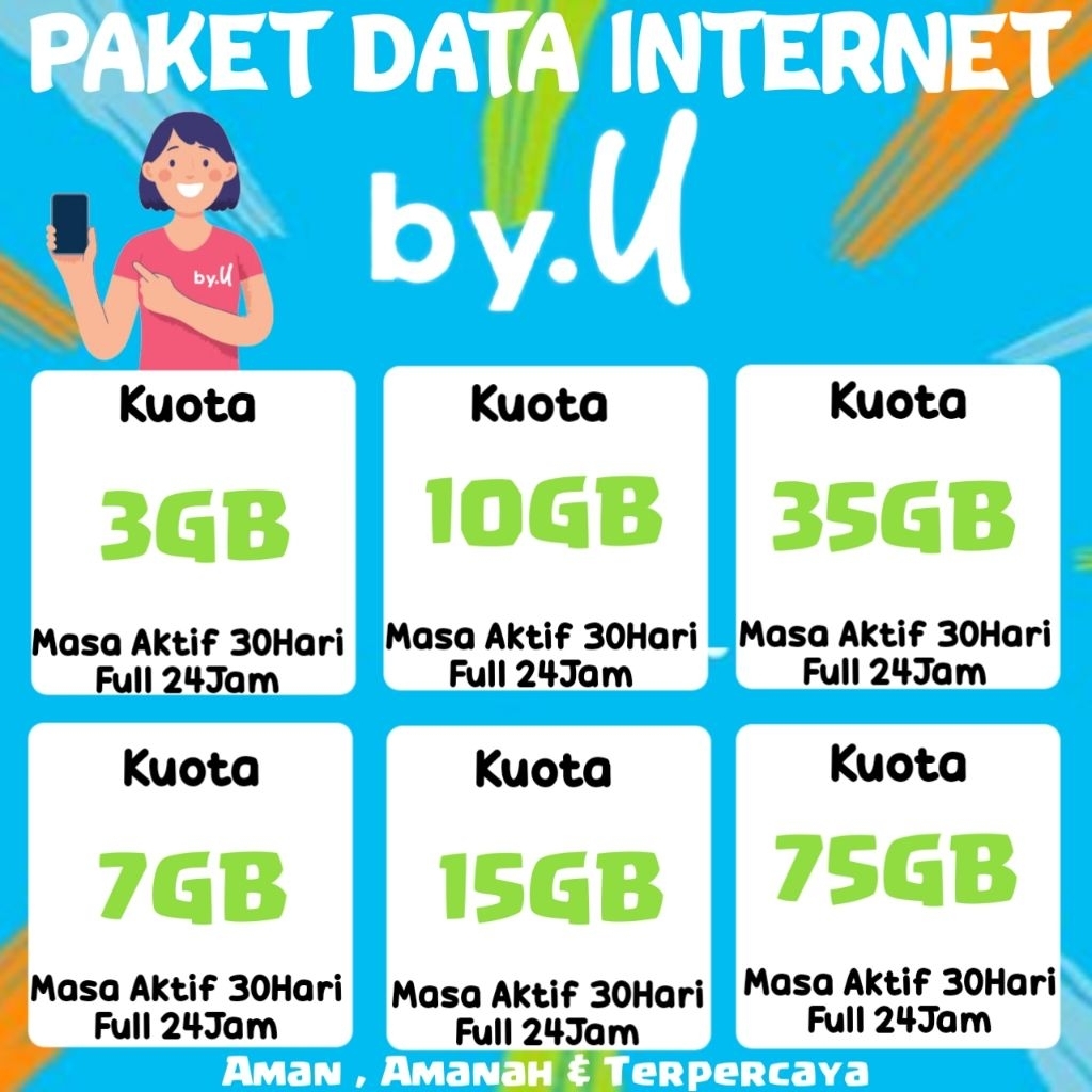 Paket Data Internet By.U Kuota Bulanan Full 24Jam Kuota Utama 30Hari 3GB 10GB 35GB 65GB 75GB Termura