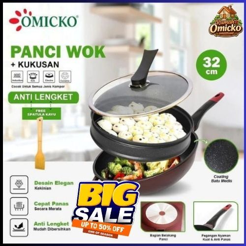 Panci Wok Omicko 32cm Serbaguna Anti Lengket + Tutup Kaca | Wajan Besar Deep Fry Pan SNI