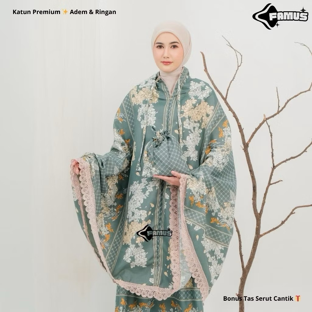 FAMUS - Mukena Airin Dewasa 2in1 Resleting Katun Mikro Premium Lembut Adem Motif Bunga Cantik Renda 