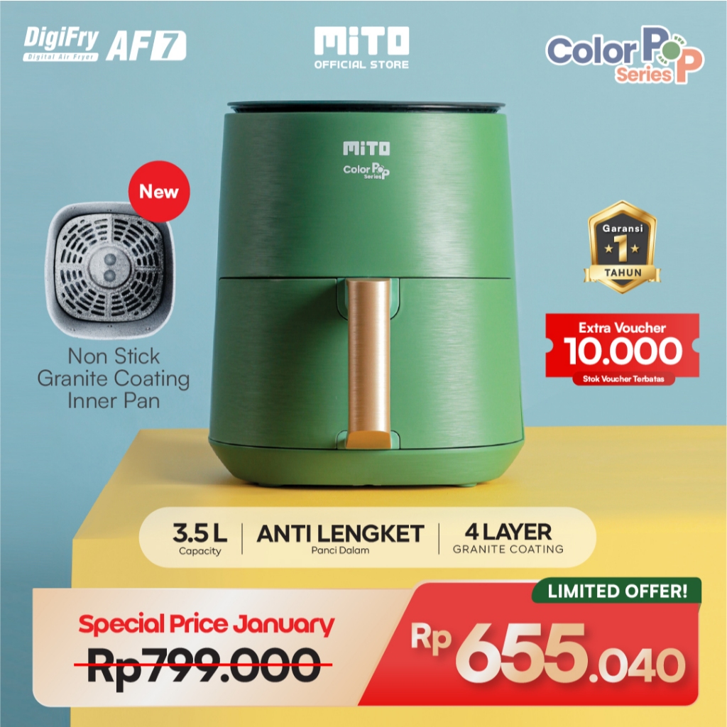 MITO Air Fryer Digifry COLOR POP AF7 Digital , 3.5L, 8 Pilihan Menu Makanan, Touch Screen LED