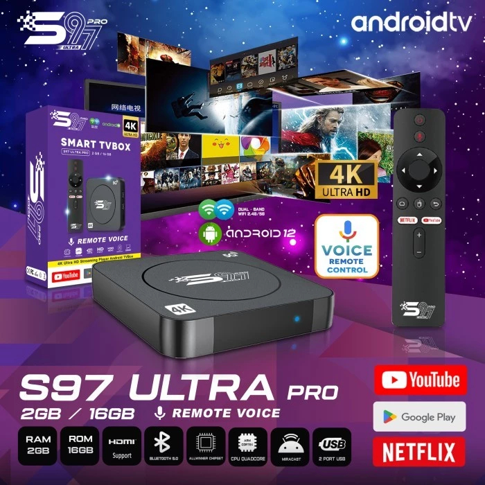 Stb Android TV Box Smart 4K S97 Ultra Pro Remote Voice Ram 2GB Rom 16GB Dual Wifi Miracast Allwinner