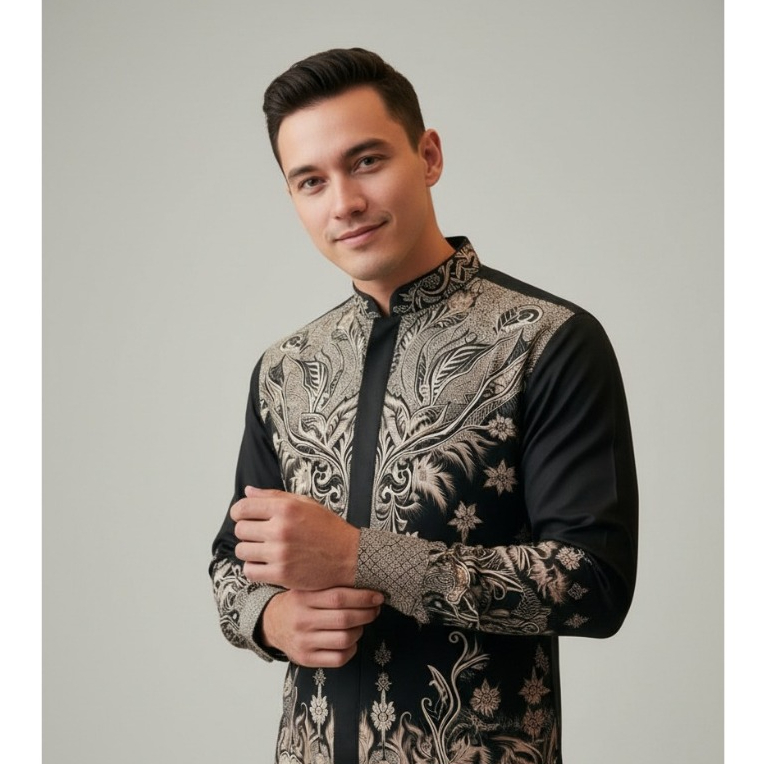 Baju koko muslim batik arwinda larnasaka Kemeja batik lengan panjang pakai puring
