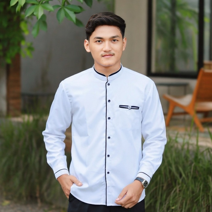 Baju Koko Pria Dewasa Elrumi Lengan Panjang Polos Warna Putih Kombinasi List Hitam