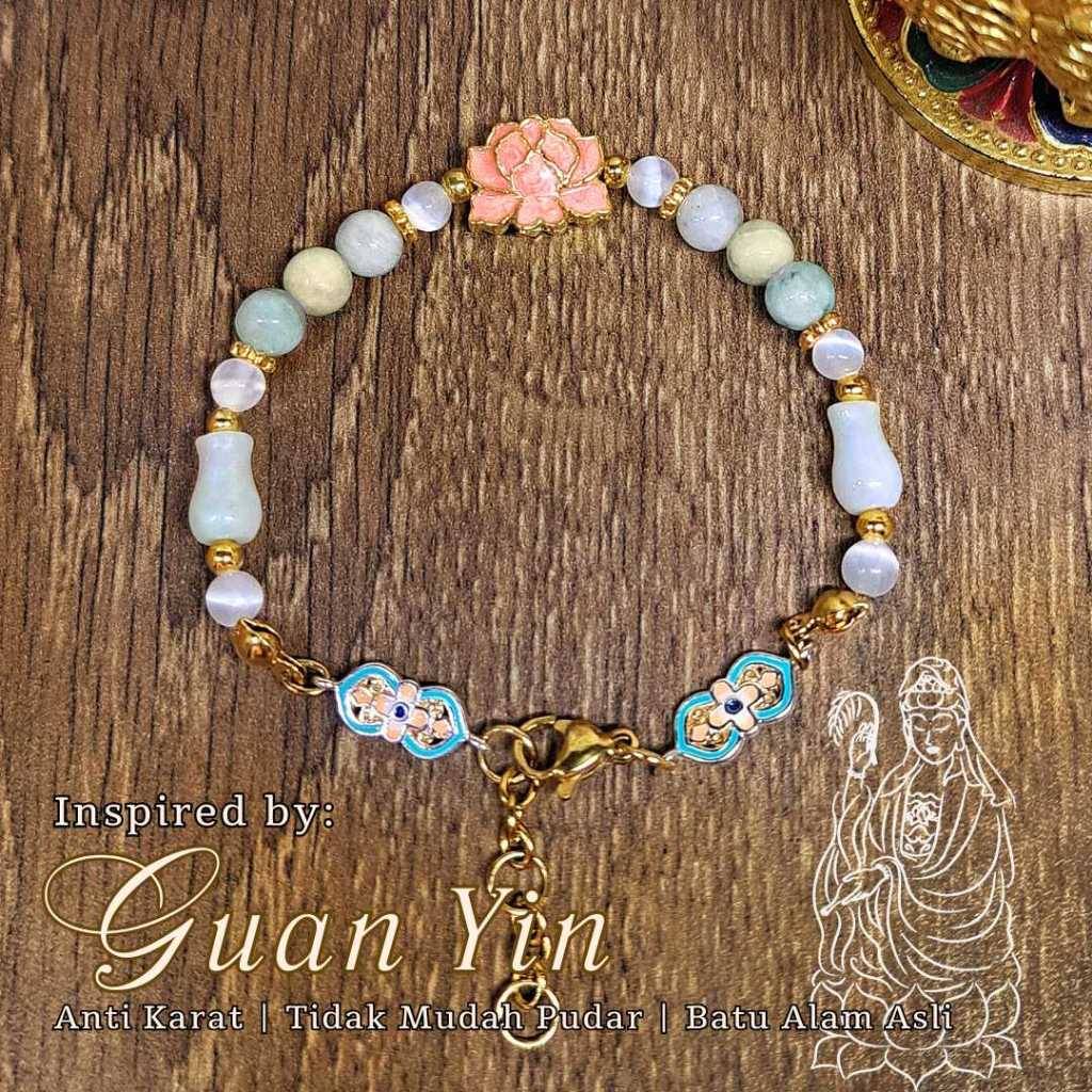 Gelang Guan Yin / Kwan Im / Avalokitesvara Giok Asli Selenite Anti Karat Etnik Buddha Taoisme