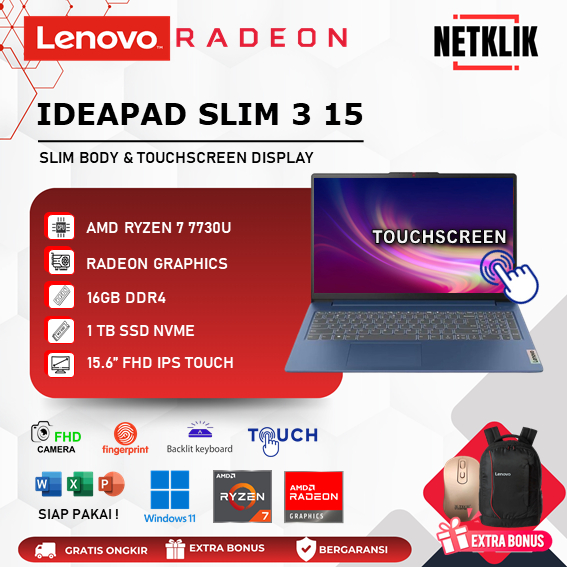 Lenovo Ideapad Slim 3 15 Touchscreen Ryzen 7 7730U 16GB 1TB SSD WIN11 Abyss Blue