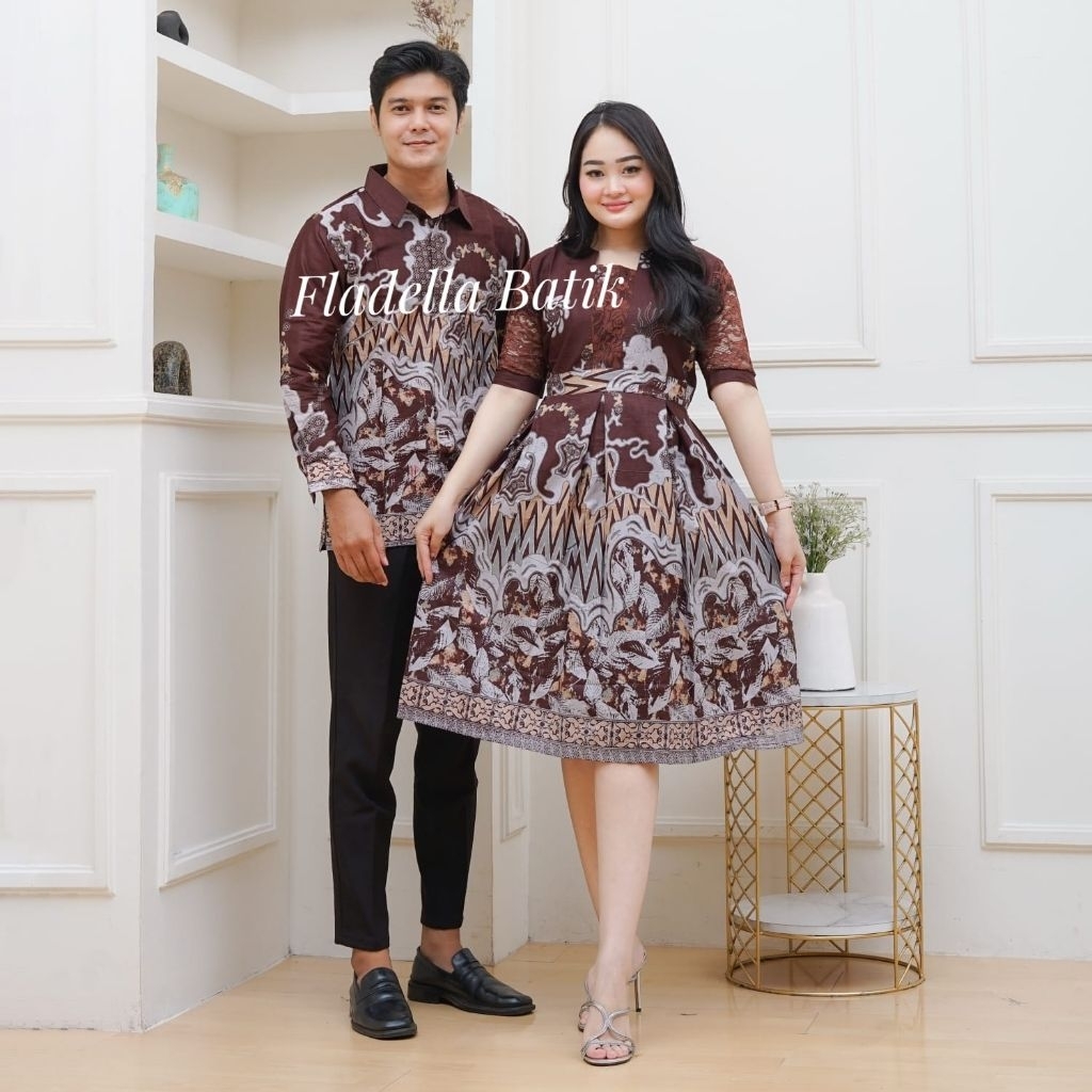 Dress batik couple dress kondangan midi coklat