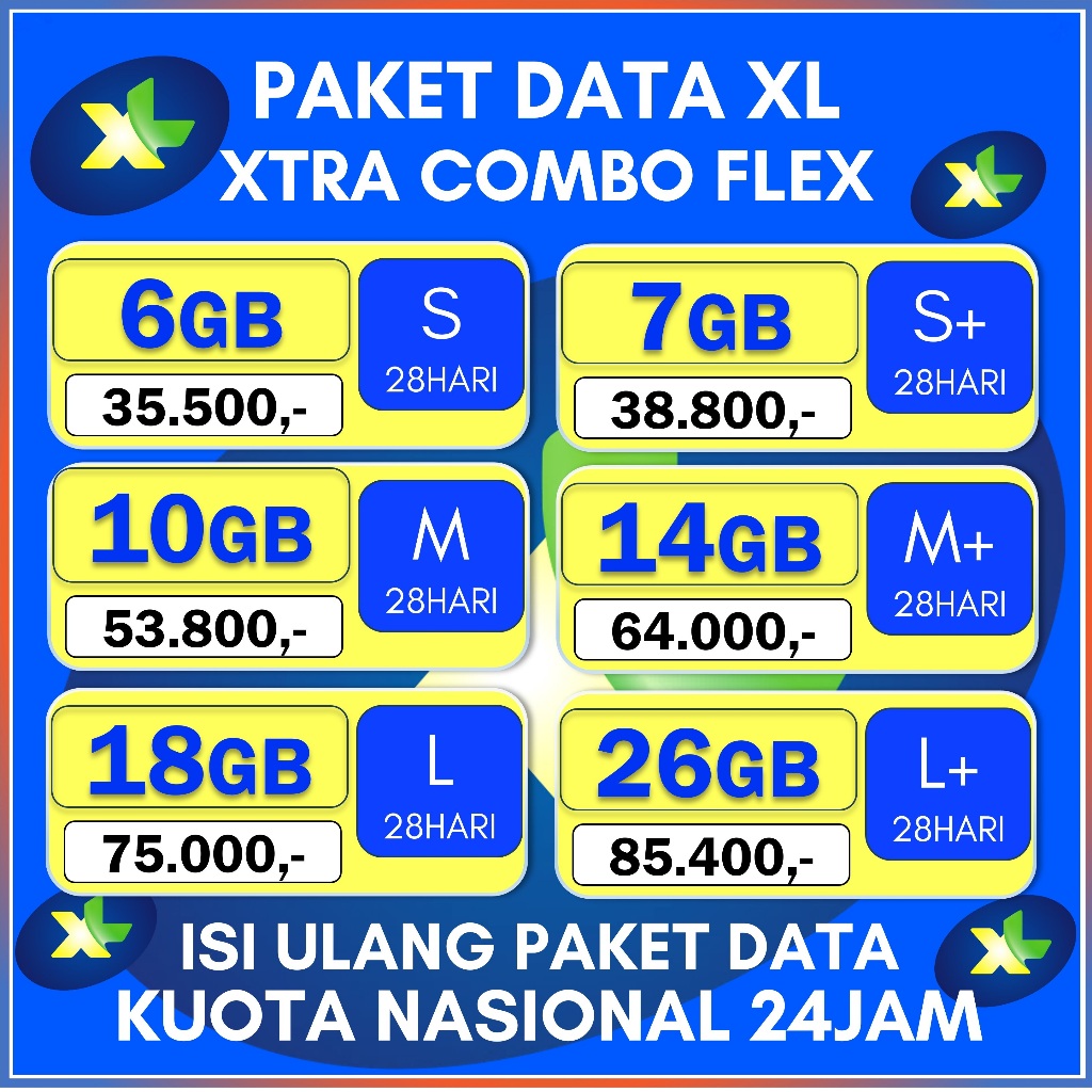 PAKET DATA XL XTRA COMBO FLEX 6GB 7GB 10GB 14GB 18GB 26GB 28HARI