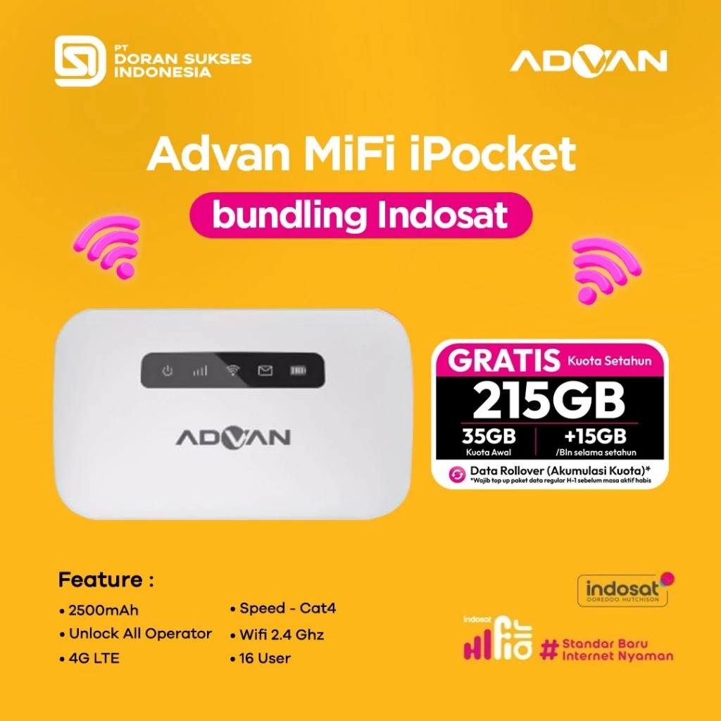 Advan Modem with Indosat SIM Card Advan MiFi Pocket Portable WiFi - Garansi Resmi 1 Tahun