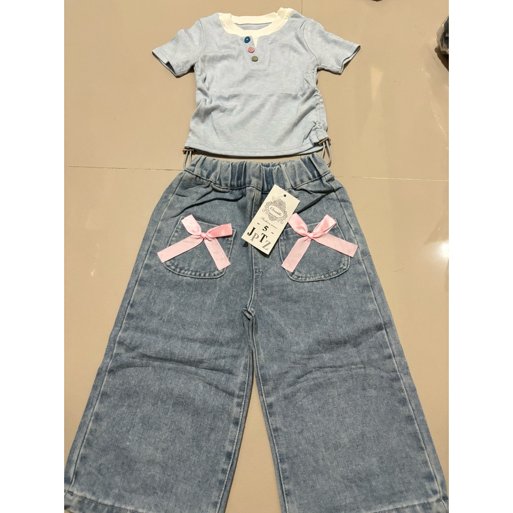 Set kulot jeans anak perempuan biru 5 dan 11 tahun