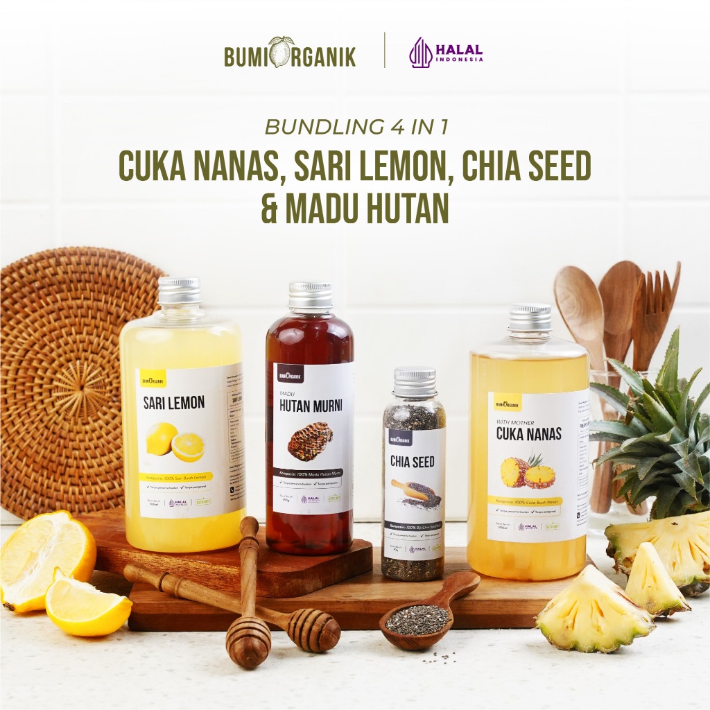 PAKET DIET DETOX DAN IMUN 4 IN 1 BUMI ORGANIK / SARI LEMON, CUKA NANAS, CHIA SEED DAN MADU HUTAN / M