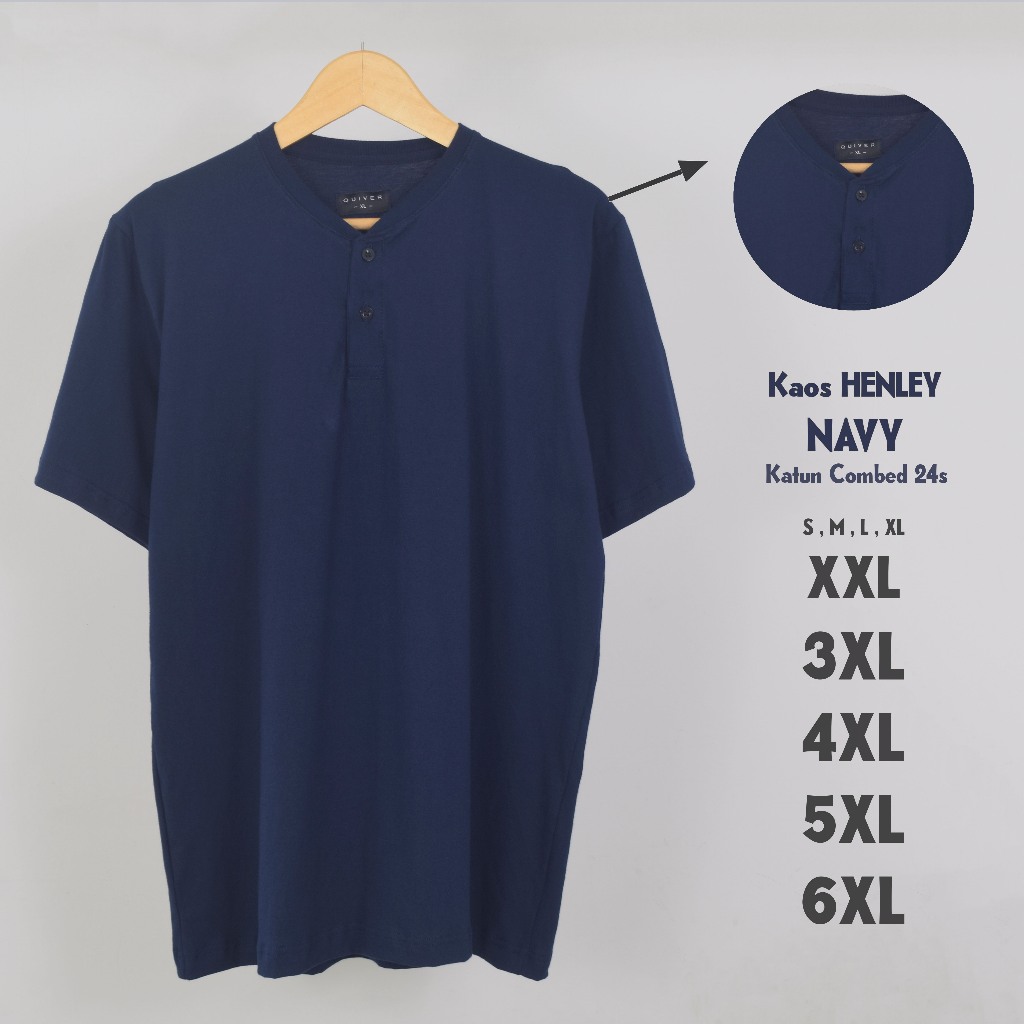 Kaos Polos Henley Kancing Jumbo Pria Navy 24s Big Size S M L XL XXL 3XL 4XL 5XL 6XL